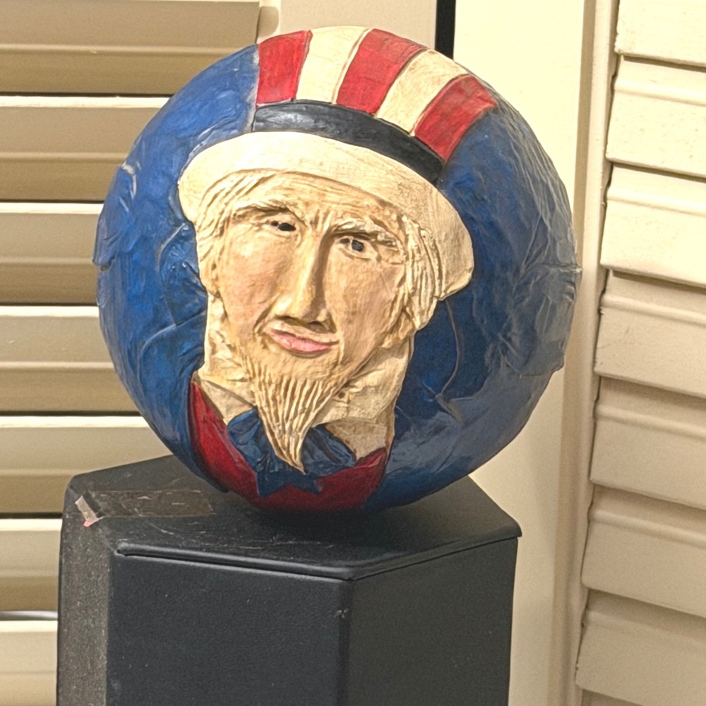 1988 Briere Uncle Sam wood Round Sculpture Patriotic Americana no wagon